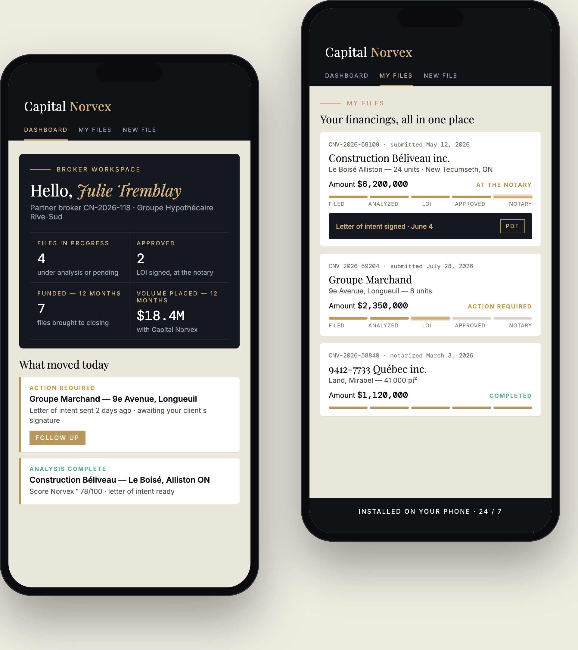 Your Broker Workspace on a phone: dashboard and list of your files
